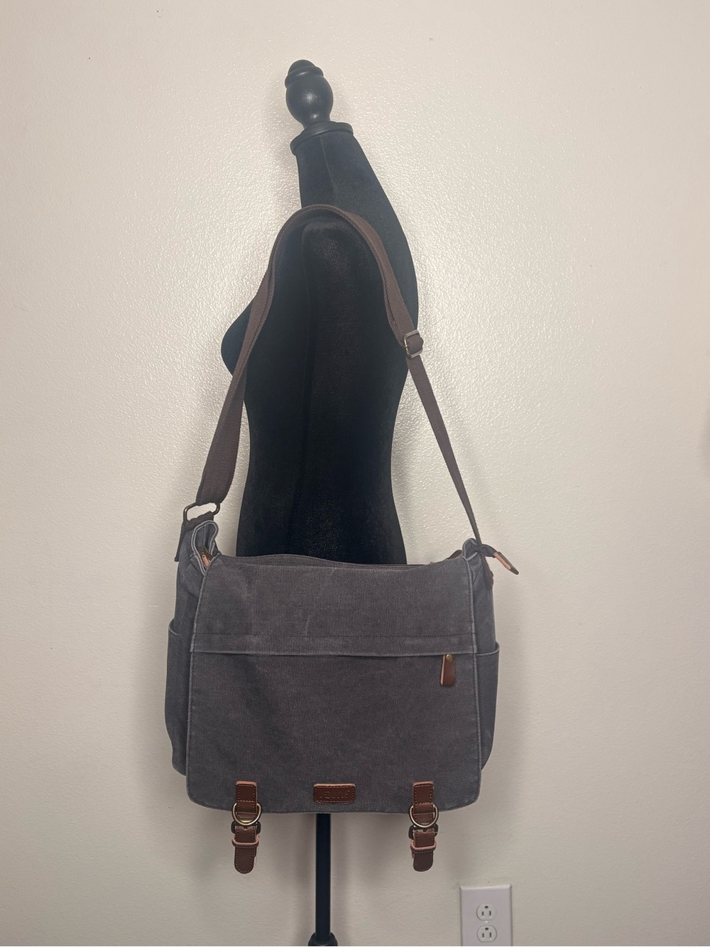 Gray Canvas Messenger Bag with Brown Trim - Unbranded